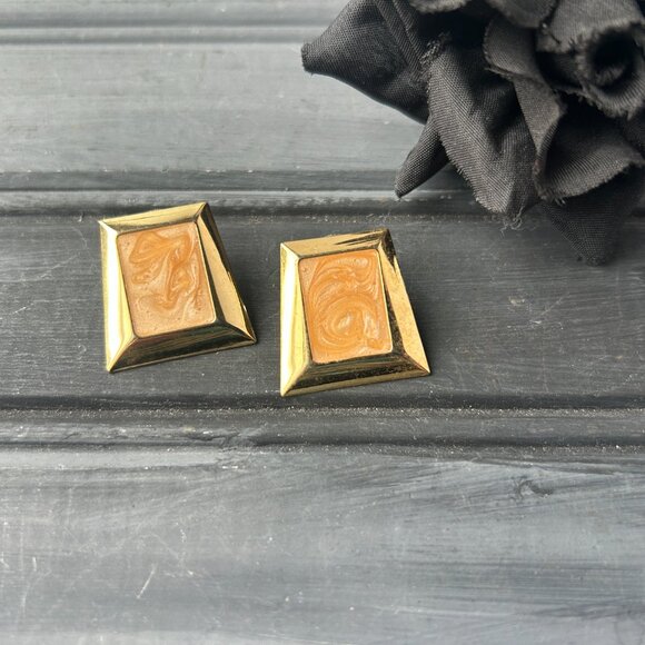 Gold + Peach Enamel Earrings - Picture 2 of 10